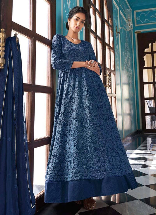 Amazing Navy Blue Colored Faux Georgette With Embroidery Work Indo Western Gowns For Women