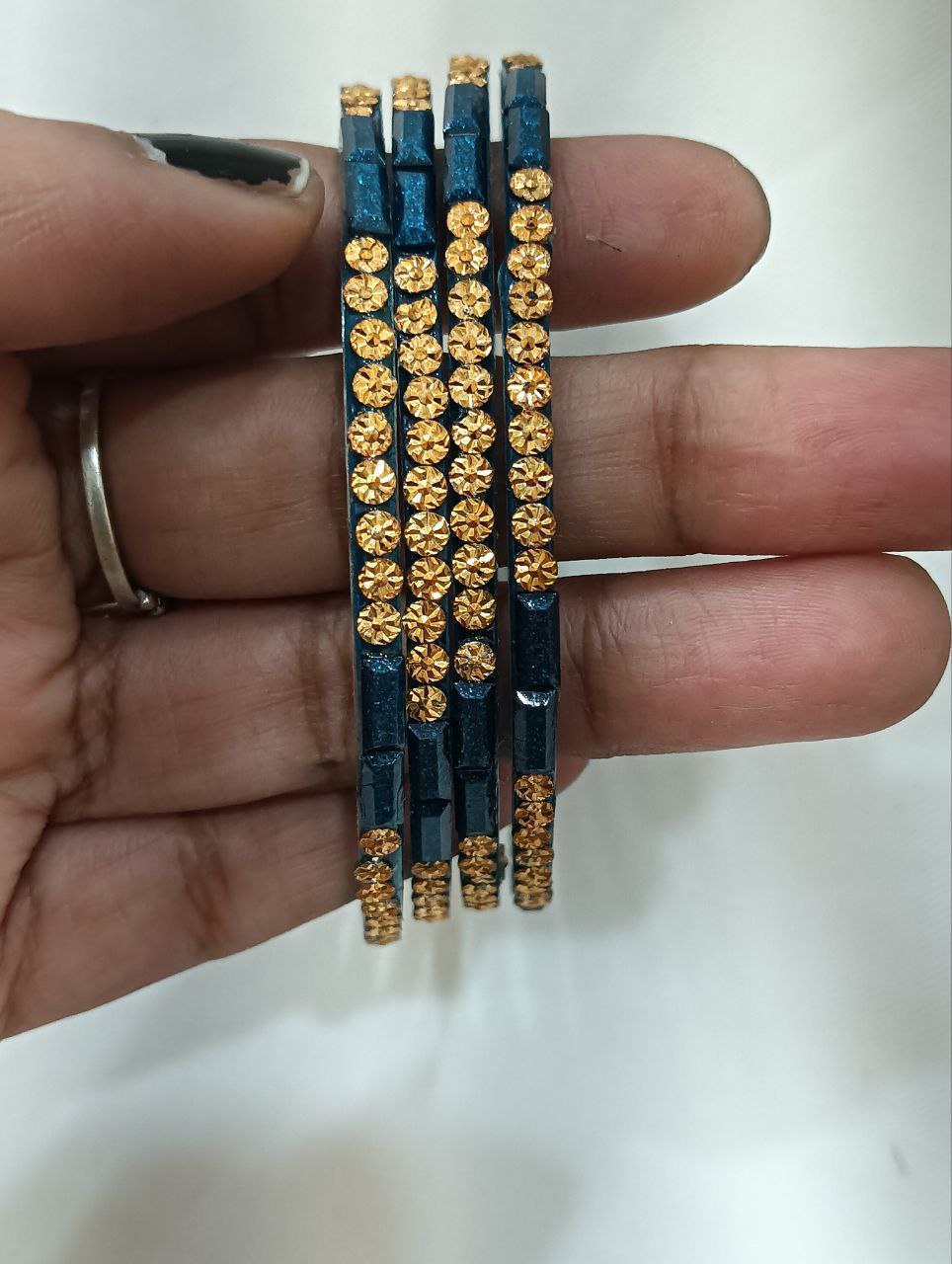 Beautiful Teal Blue Color Stone Design Glass Bangles For Women Near Me