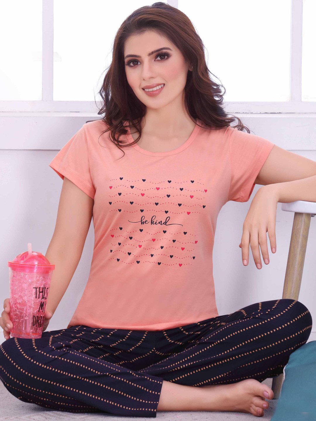 Pleasing Short Sleeve Round Neck Rich Cotton Pajama Set in Peach & Dark Blue