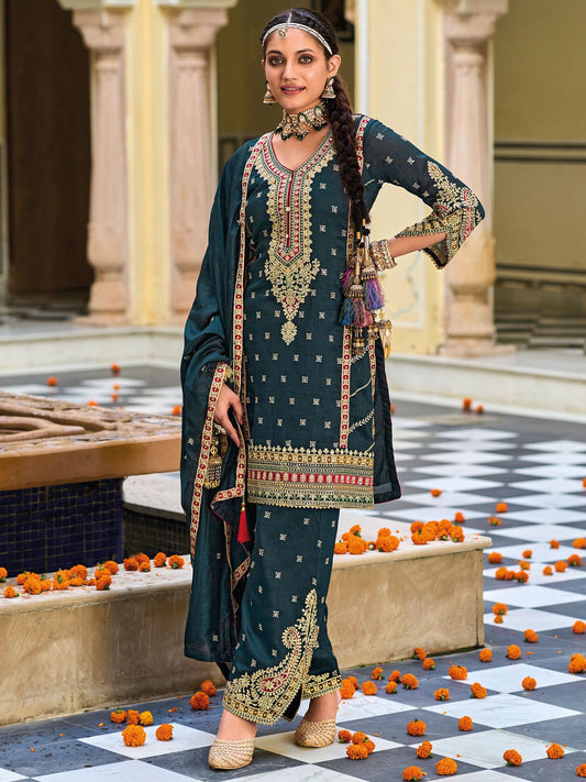 Elegant Green Color Silk Embroidery Kurti With Palazzo Suits For Women