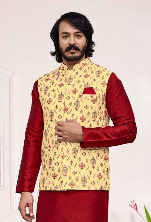 Attractive Maroon Color Silk Kurta And Pajama With Jacket Near Me