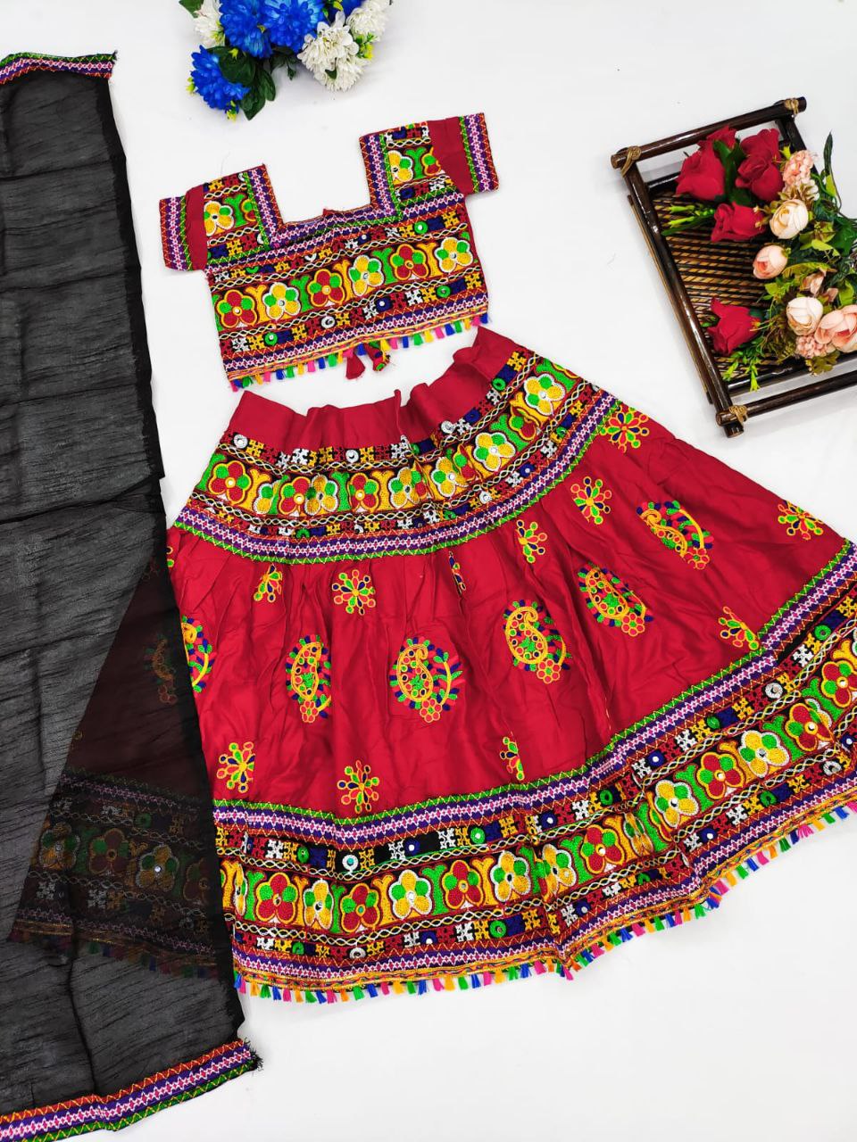 Gorgeous Red Color With Mirror Work Lehenga Choli For Kids