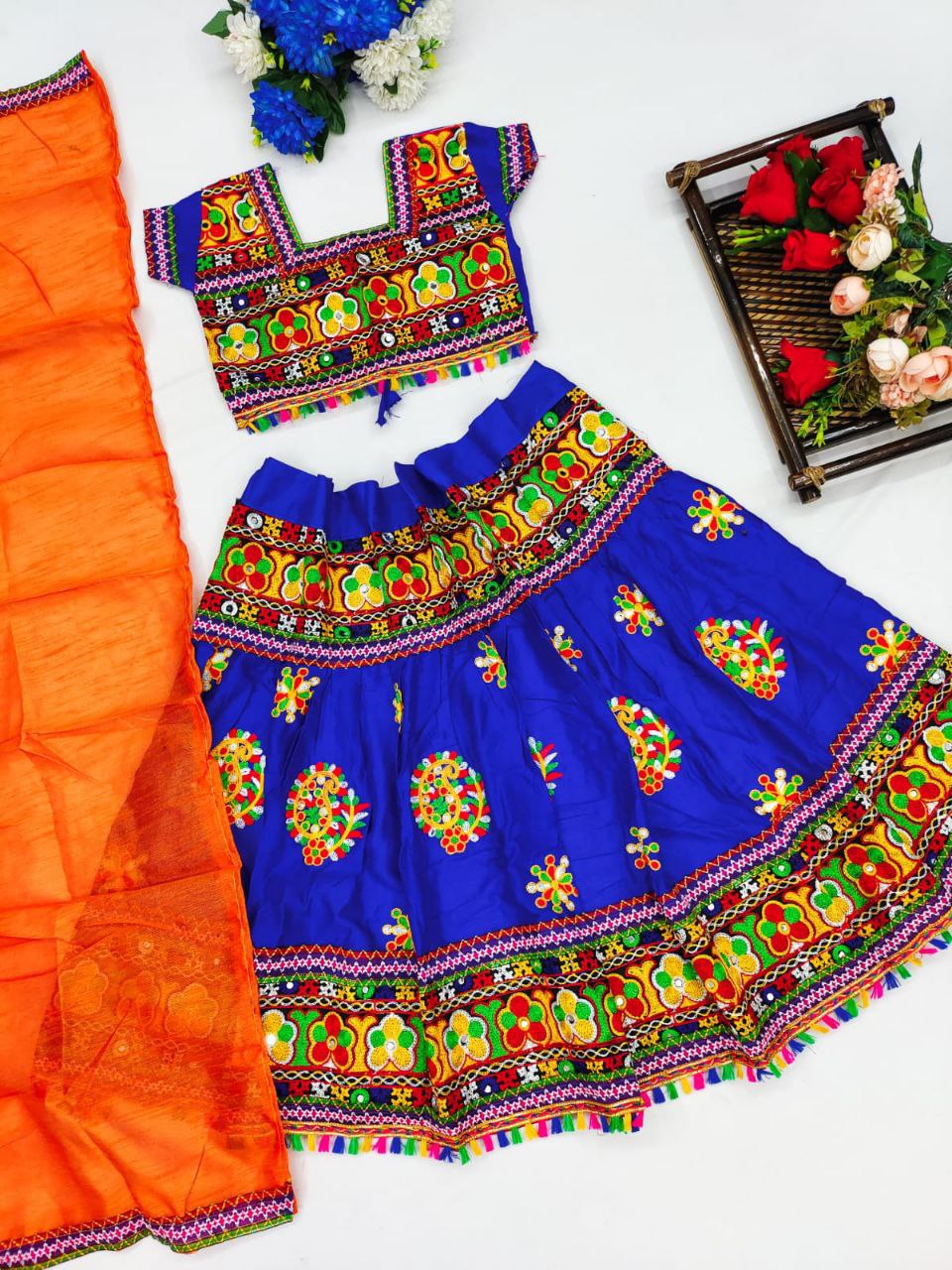 Fabulous Blue Cotton Festival Wear Mirror Work Lehenga Choli For Kids