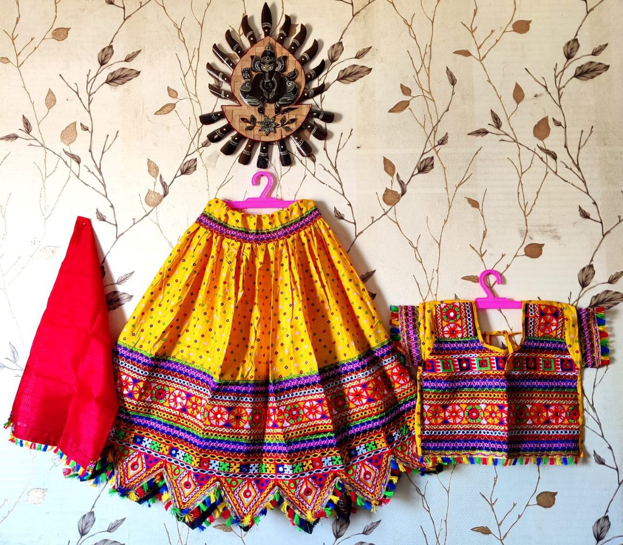 Attractive Festival Wear Yellow Mirror Work Pure Cotton Kids Lehenga Choli