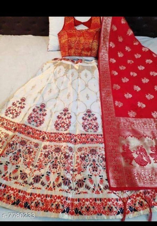Dazzling Red With White Color Embroidery Work With Sequins Work Lehenga Choli