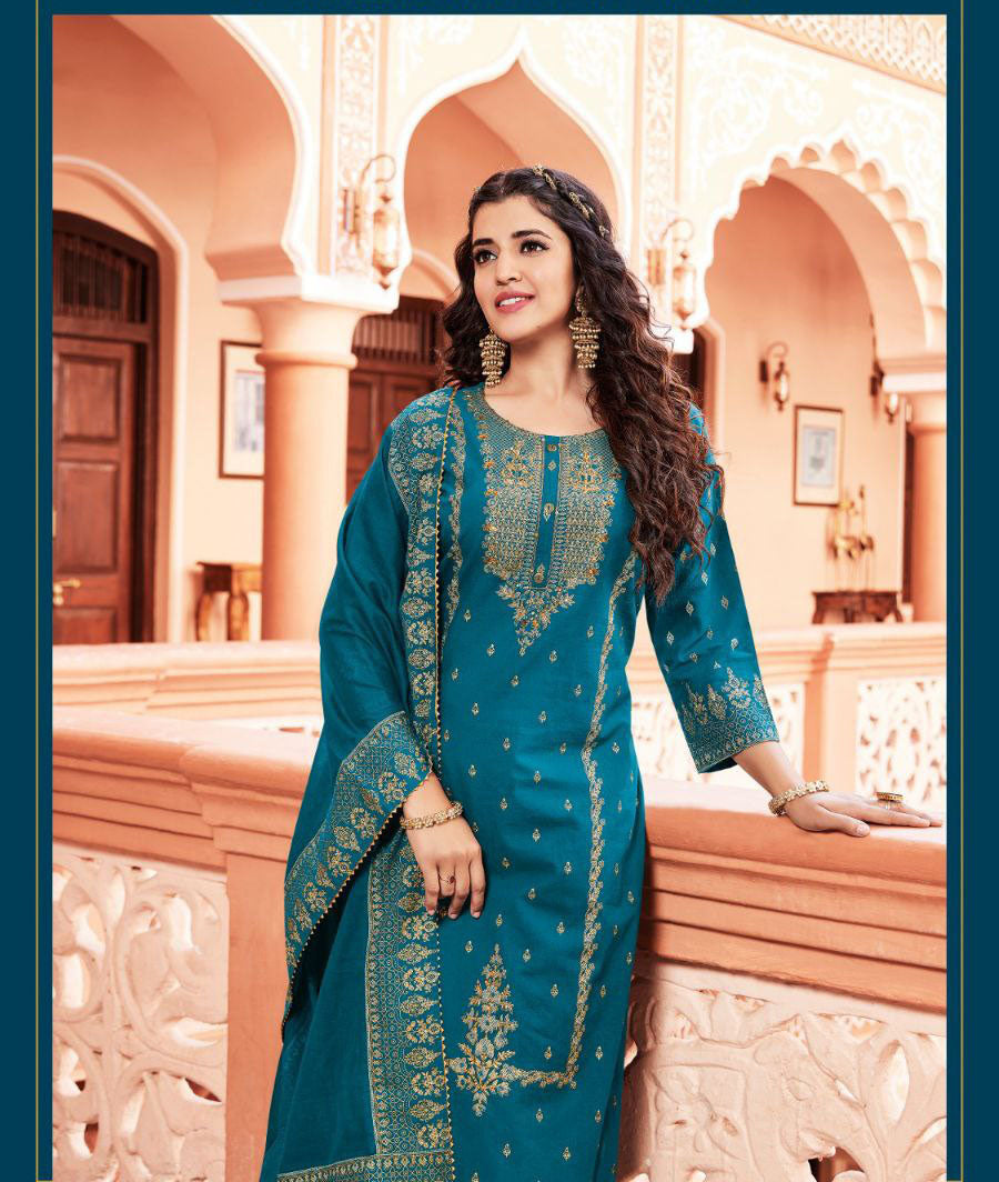 Attractive Teal Blue Colored Heavy Cotton Straight Kurti With Palazzo Suits Near Me