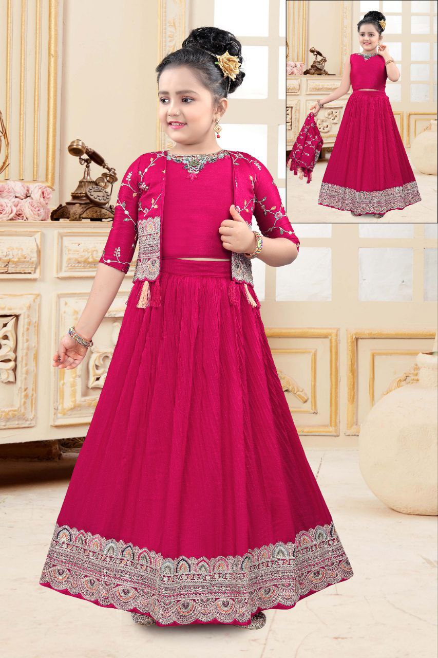 Pretty Rani Pink Colored Georgette Girls Choli Sets With Embroidery Work