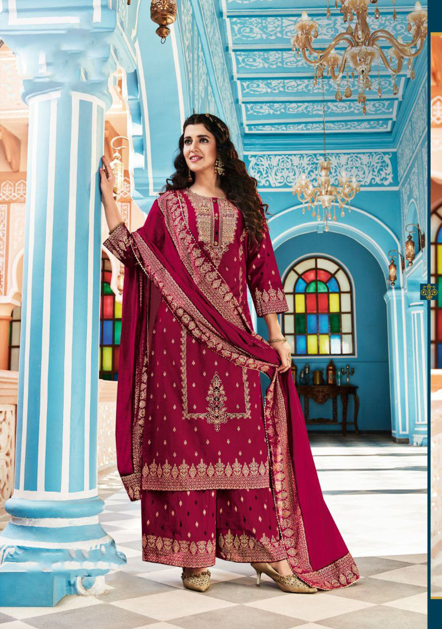 Gorgeous Dark Pink Colored Cotton Palazzo Suits With Printed Lace Work