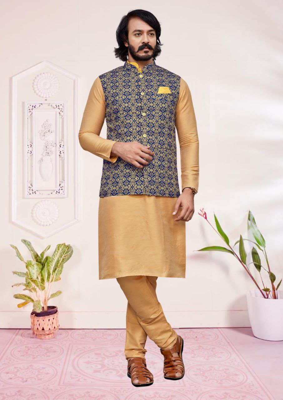 Beautiful Blue Colored Traditional Wear Kurta With Pajama And Jacket