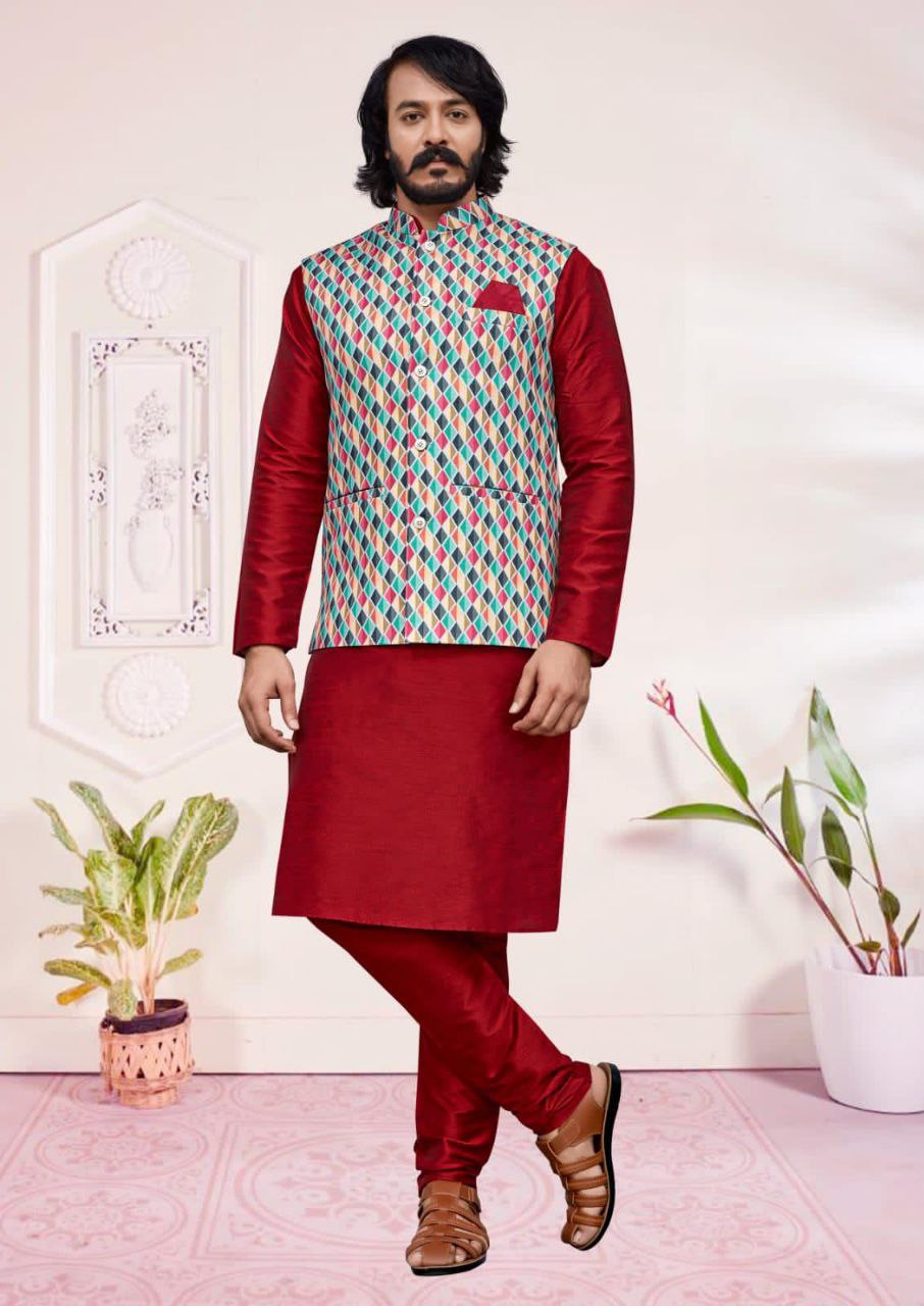 Alluring Multicolor Party Wear Silk Kurta And Pajama With Digital Print Work Jackets For Men