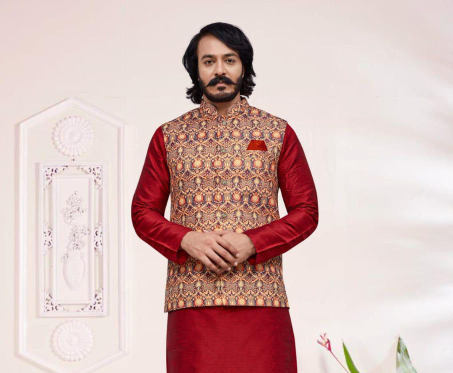 Stunning Maroon Color Designer Digital Print Work Kurta And Pajama With Jacket For Men Near Me