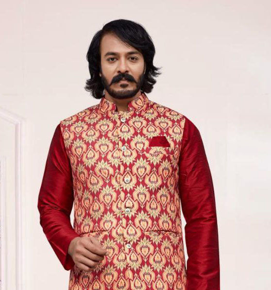 Appealing Red Color Silk Kurta And Pajama Set Near Me