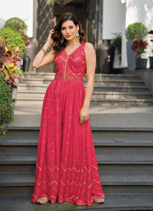Beautiful Pink Colored Indo Western Suits With Chinon Embroidery Work Jump Suit For Women