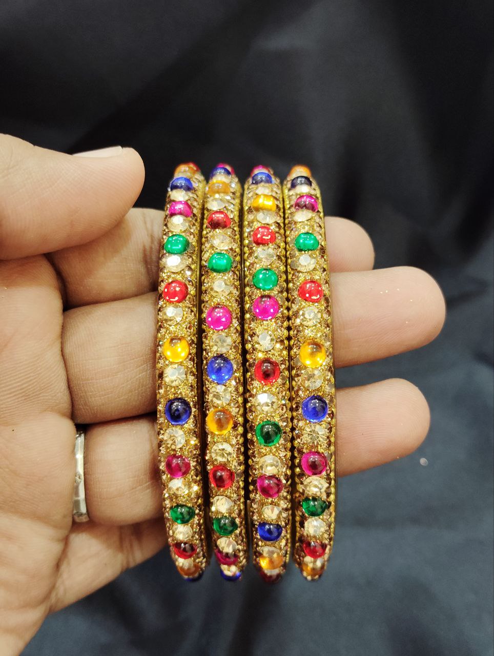 Stunning Multicolor Glass Bangles With Glittering Stones For Women