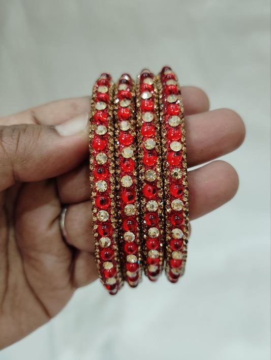 Stunning Red Color Glass Bangles With Sparkling Stones For Women
