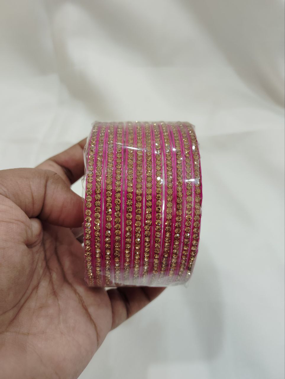 Charming Pink Color Glass Bangles With Stones For Women