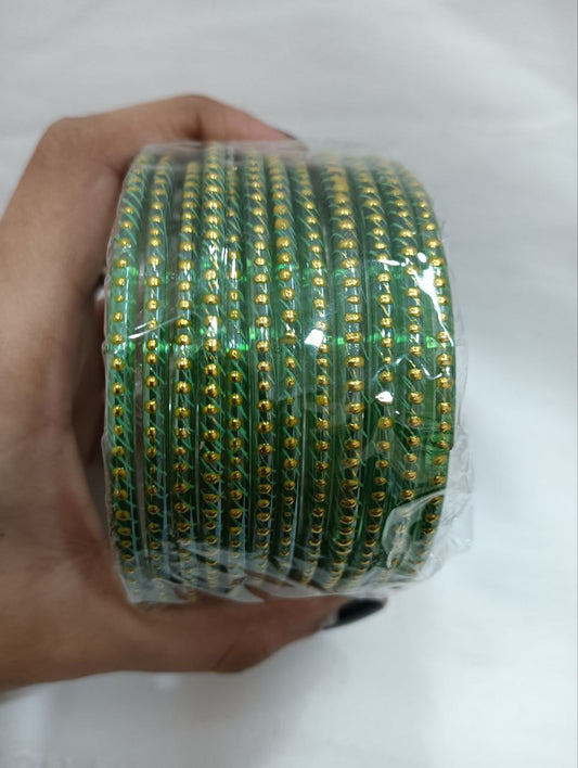 Attractive Green Color Checked Design Glass Bangles For Women