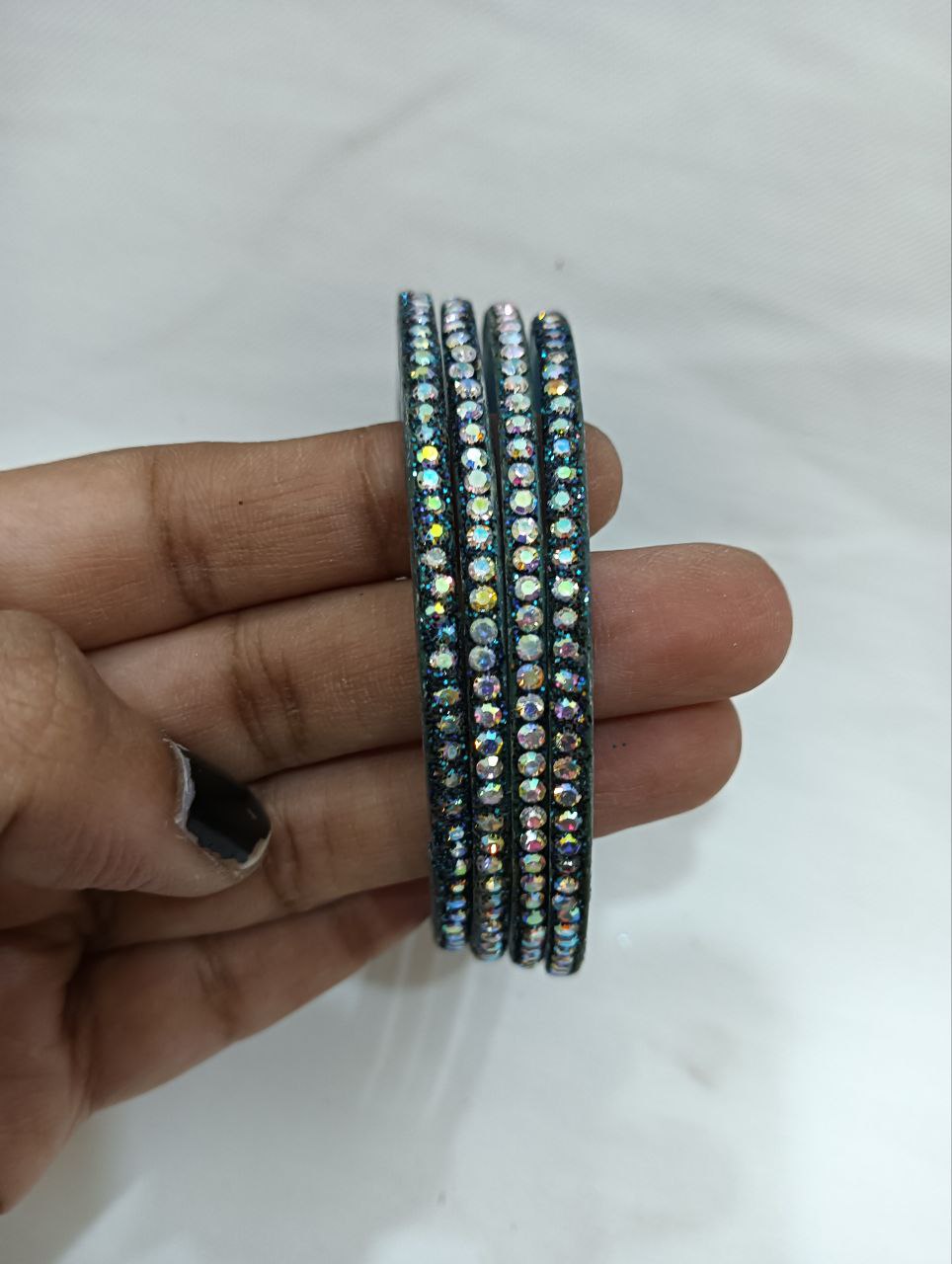 Teal Blue Color Checked Design Glass Bangles For Women Near Me