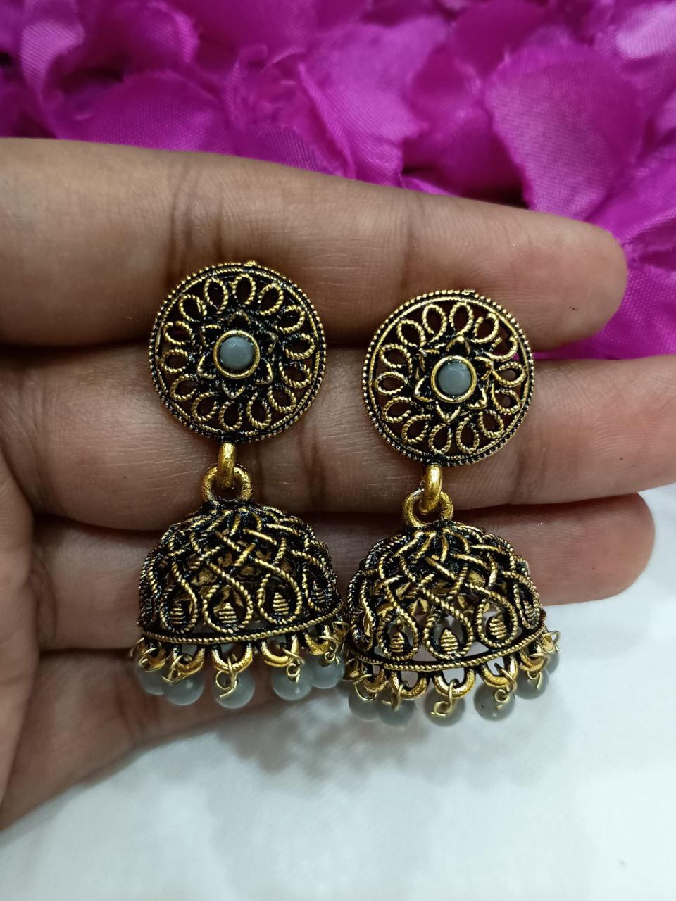 Stunning Grey Color Antique Gold Earrings For Women
