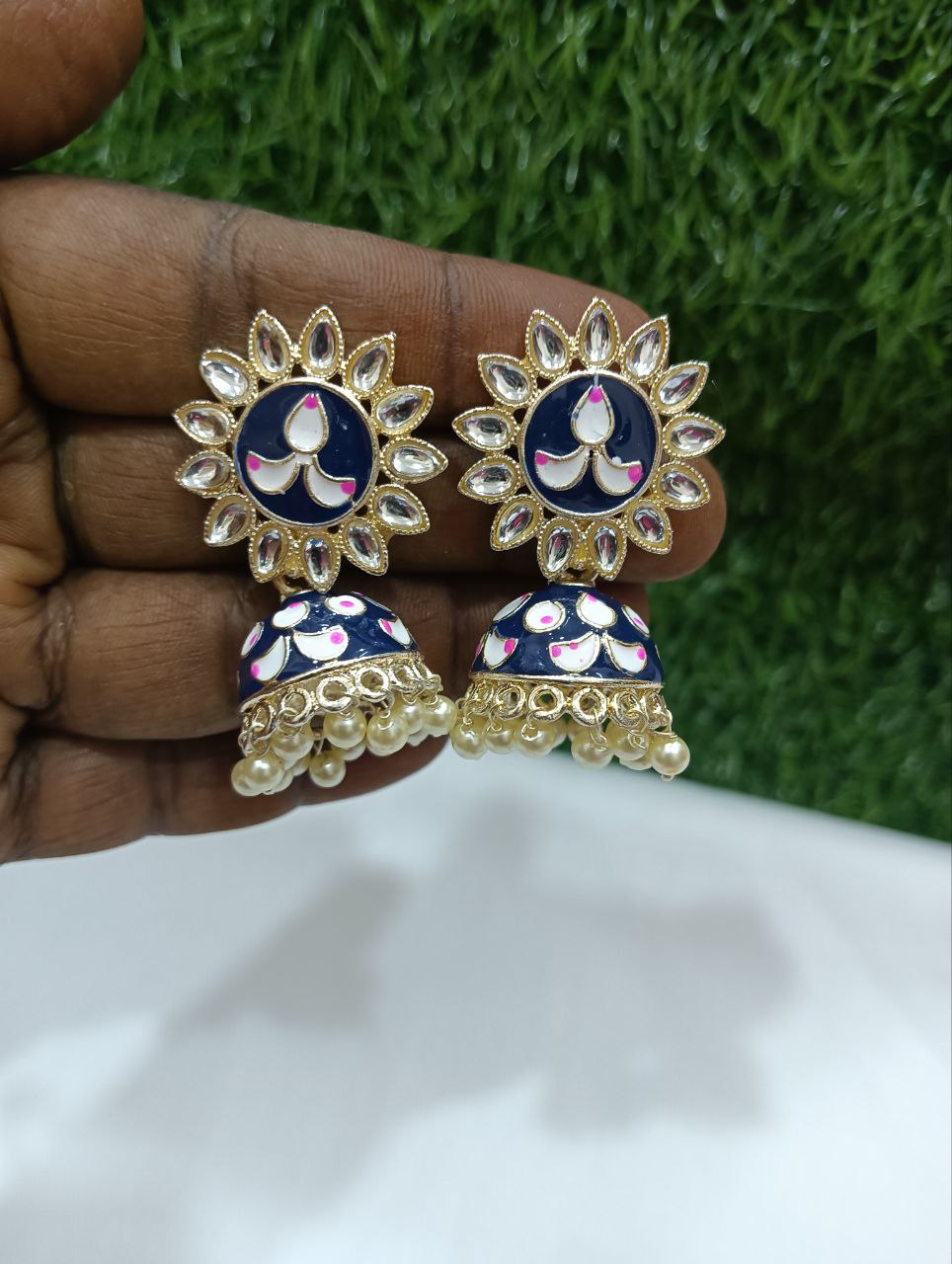 Elegant Blue color jhumkas Color Antique Gold Earrings For Women Near Me