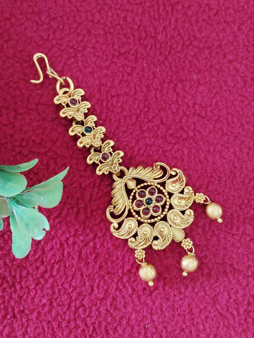 Elagant Antique Gold Plated With Ruby Stone Tikkas For Women