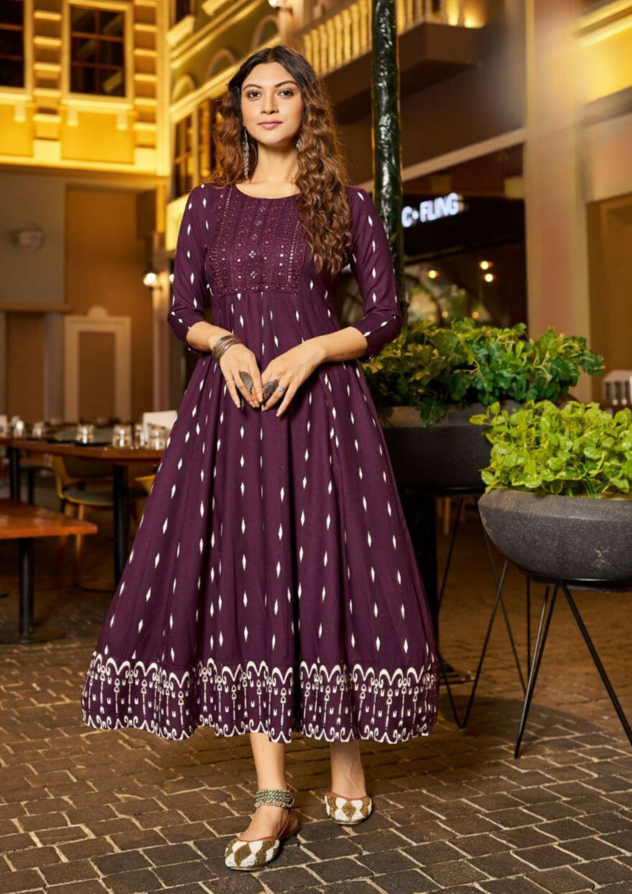Attractive Purple Colored Rayon With Neck Embroidery Work Kurti For Women