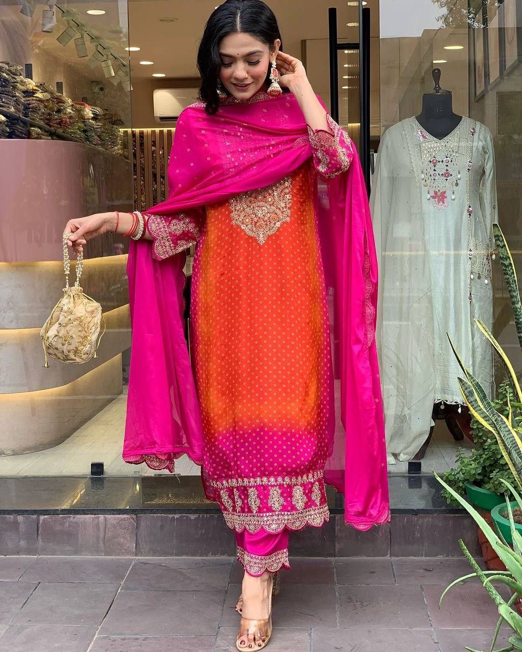 Attractive Pink Colored Pure Chinon Work Kurti Suits Near Me