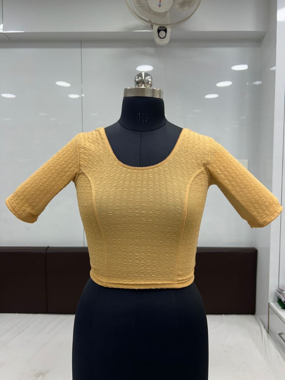 Beautiful Sandal Colored Cotton Dobby Round Neck Readymade Blouse For Women