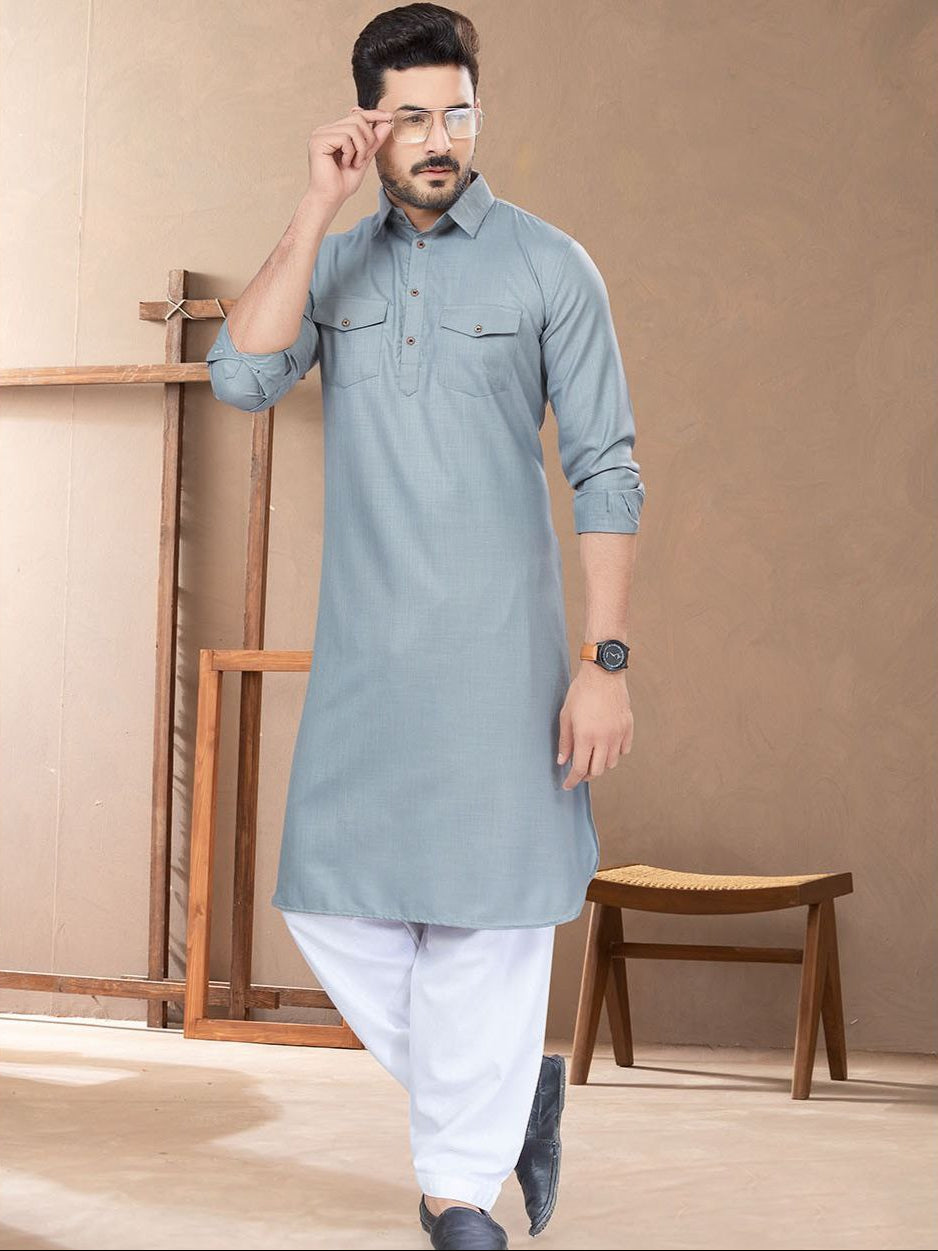 Graceful Gray Colored Men's Pathani Kurta With Pajama Suit