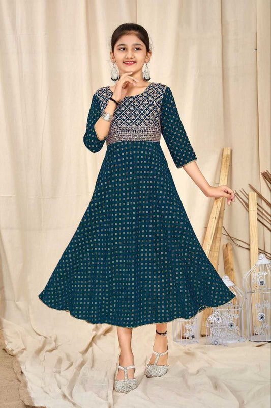 Gorgeous Teal Blue Color Kurti Suits For Girls With Embroidery Work