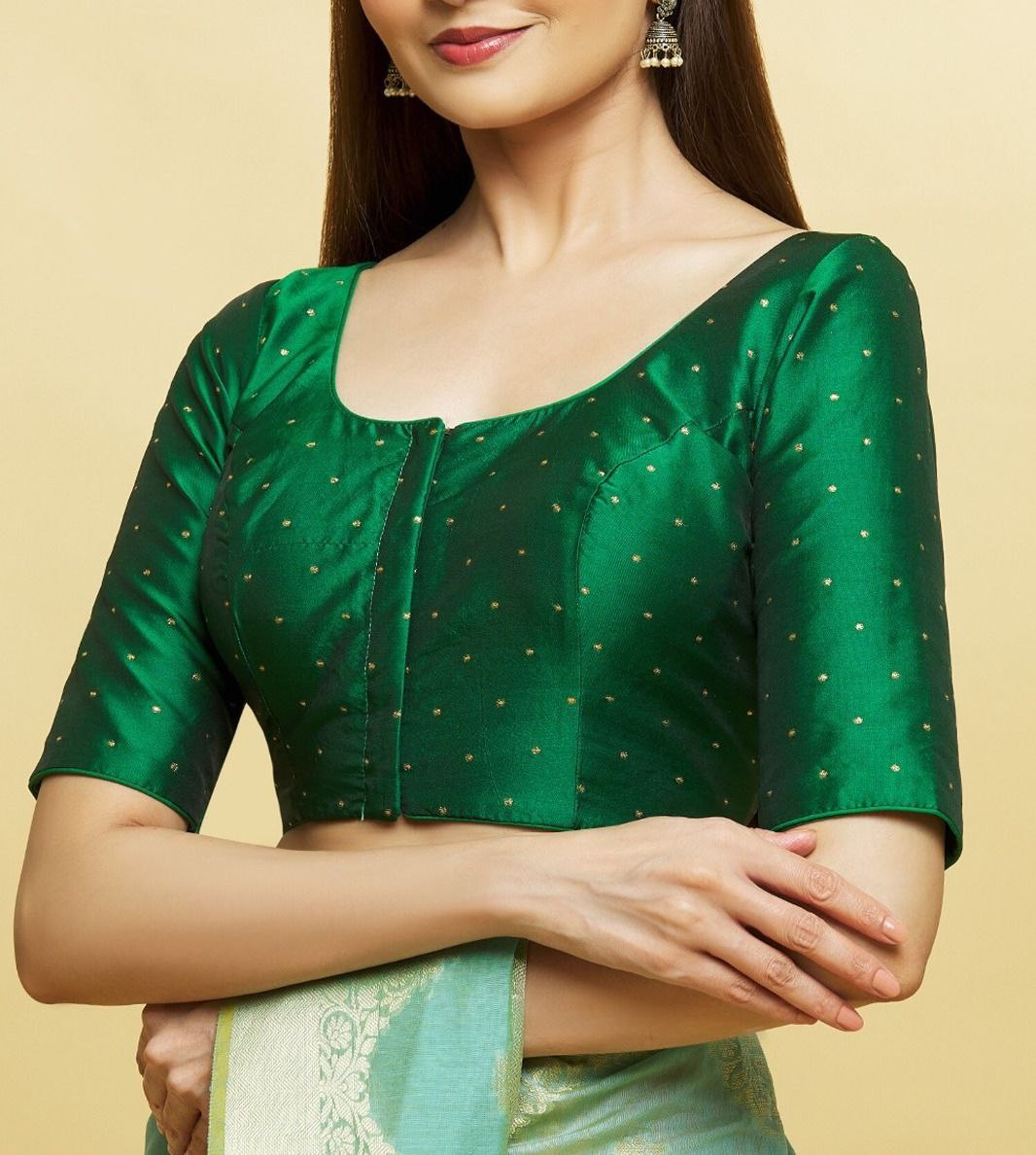 Gorgeous Green Color Elbow Sleeve Ready To Wear Blouse For Women