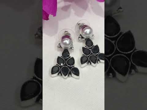 Beautiful Black Stone Embedded Leaf Designed German Silver Oxidized Stud Earrings