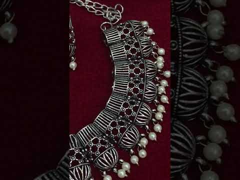 Gorgeous Silver Plated Tribal Oxidized Necklace With Earrings