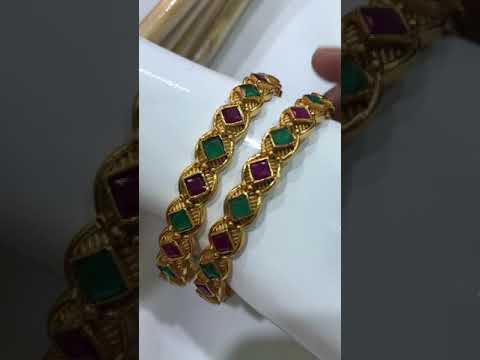 Gold Bangle Set With Emerald And Ruby Stones In Suncity