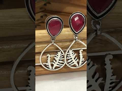 Appealing Ruby AD Stone Studded Silver Plated Oxidized Earrings