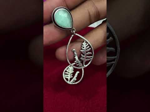 Trendy Teal Green AD Stone Studded Silver plated Oxidized Earrings