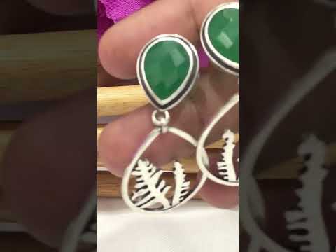 Pretty Emerald Stone Beaded Round Shaped Light Weight Silver Plated Oxidized Earrings