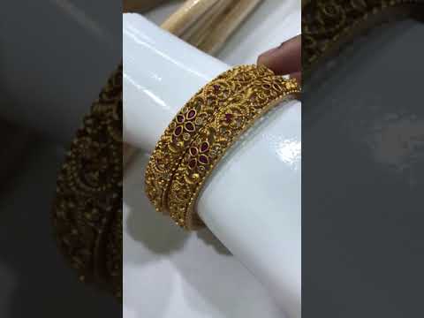 Matte Finished Antique Gold Bangle Set With Ruby Stones In Scottsdale