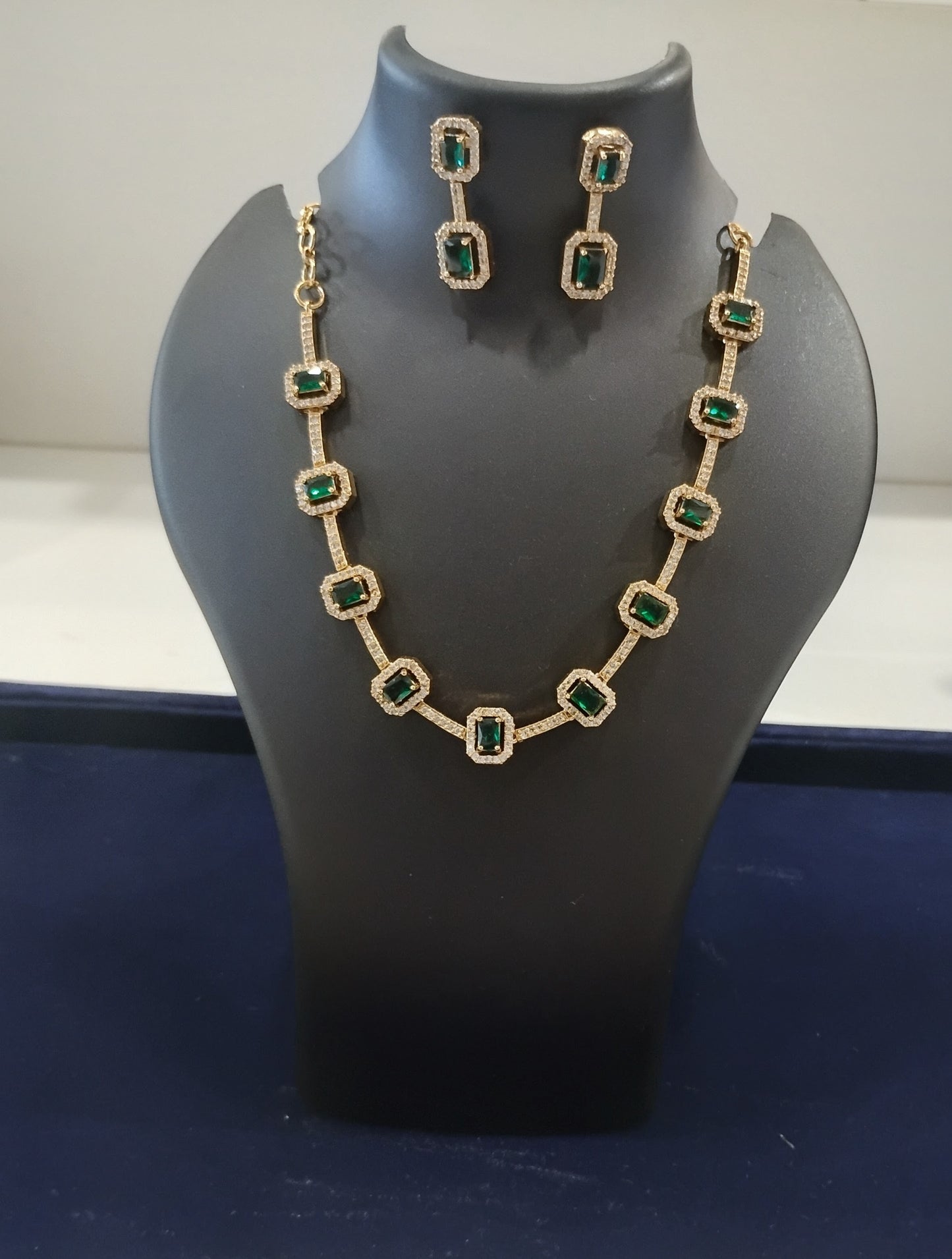 Alluring Gold Plated White and Green Stones Necklace with Earrings For Women