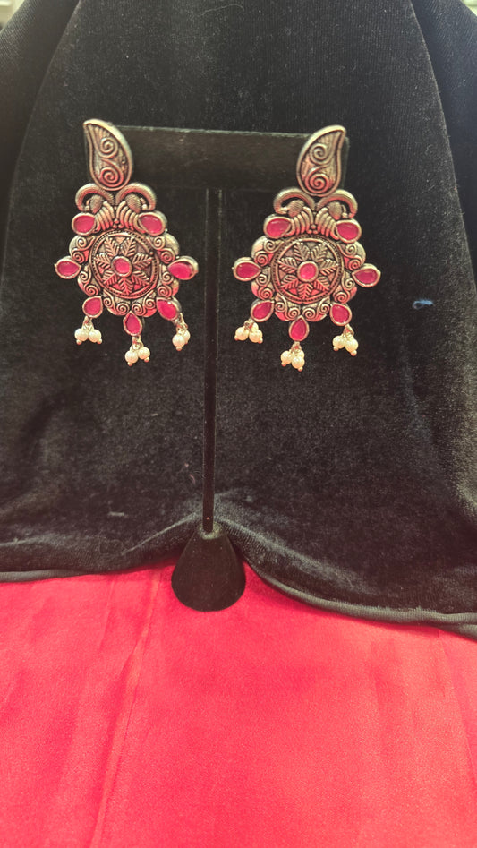 Attractive Flower Design Dark Pink Colored Earrings For Women