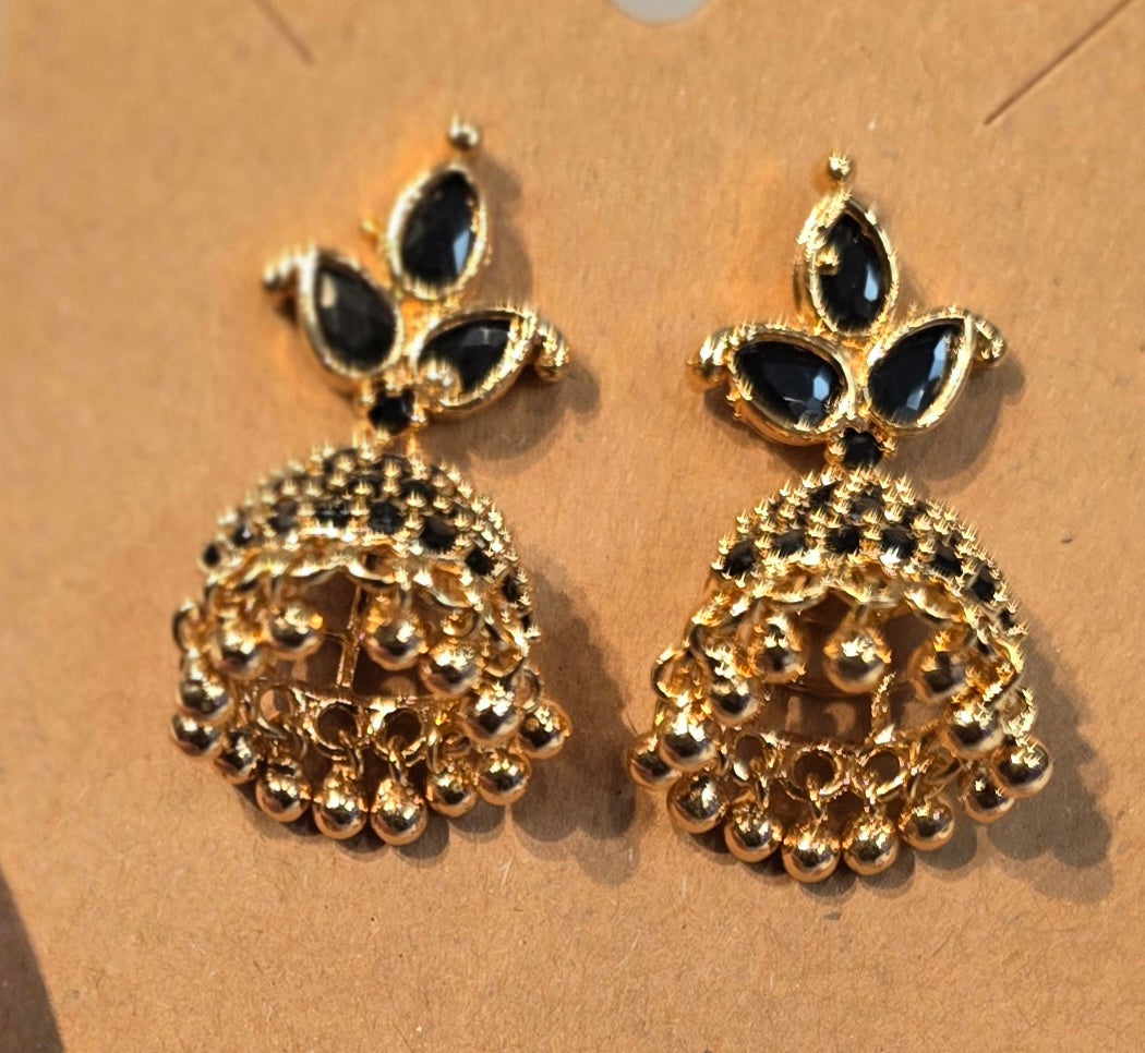 Black Stone Flower Shaped Gold Plated Earrings In USA