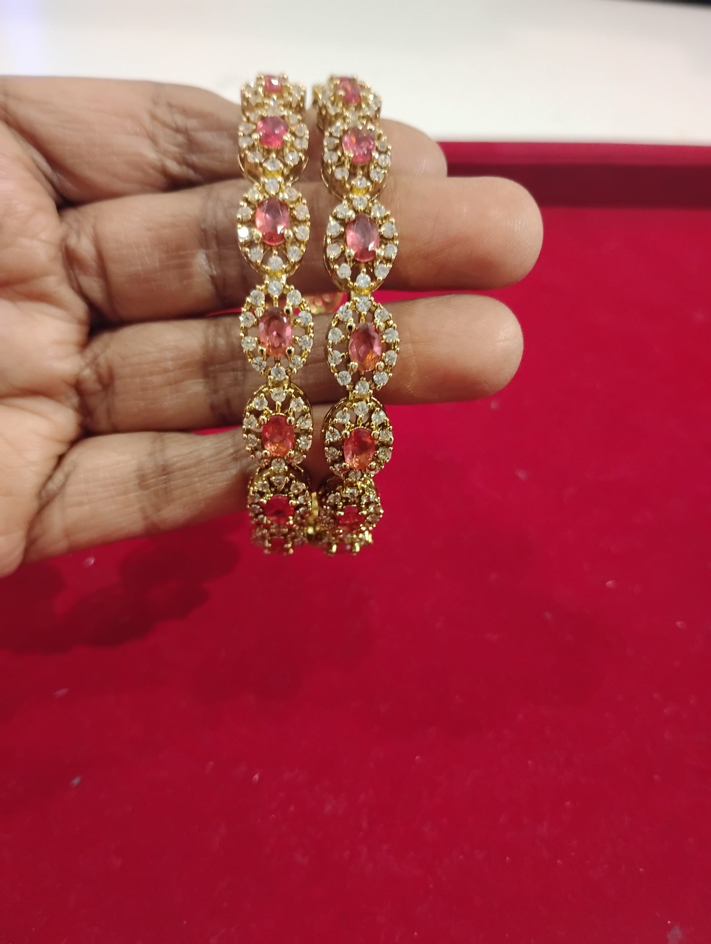 Fantastic Pink And White Crystals Gold Plated Bangles Near Me