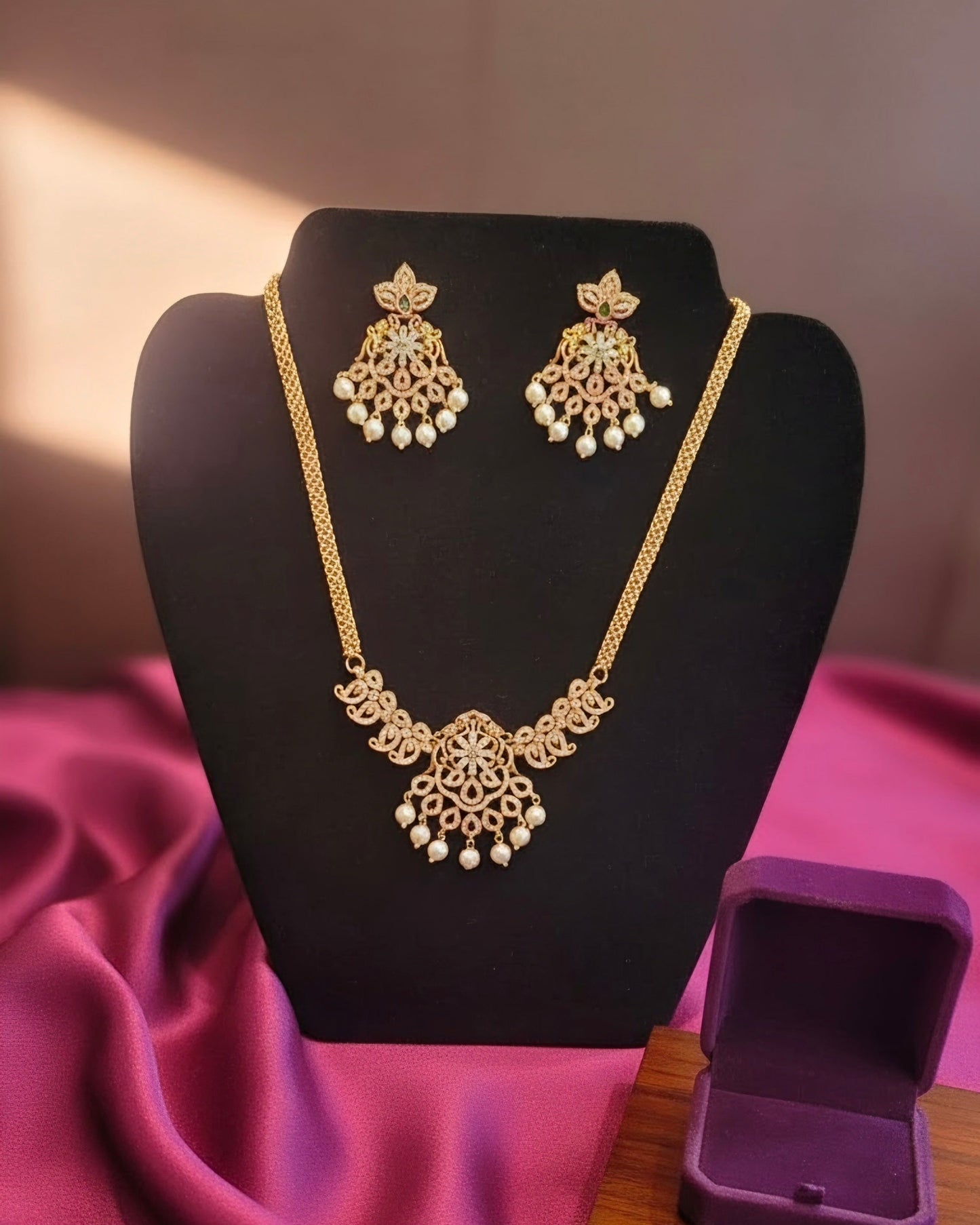 Pink, Green And White Stones Gold Plated Necklace With Earrings Near Me