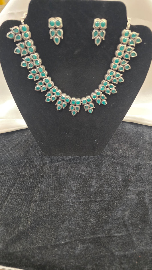 Mesmerizing Green Color Oxidized Jewellery With Earrings