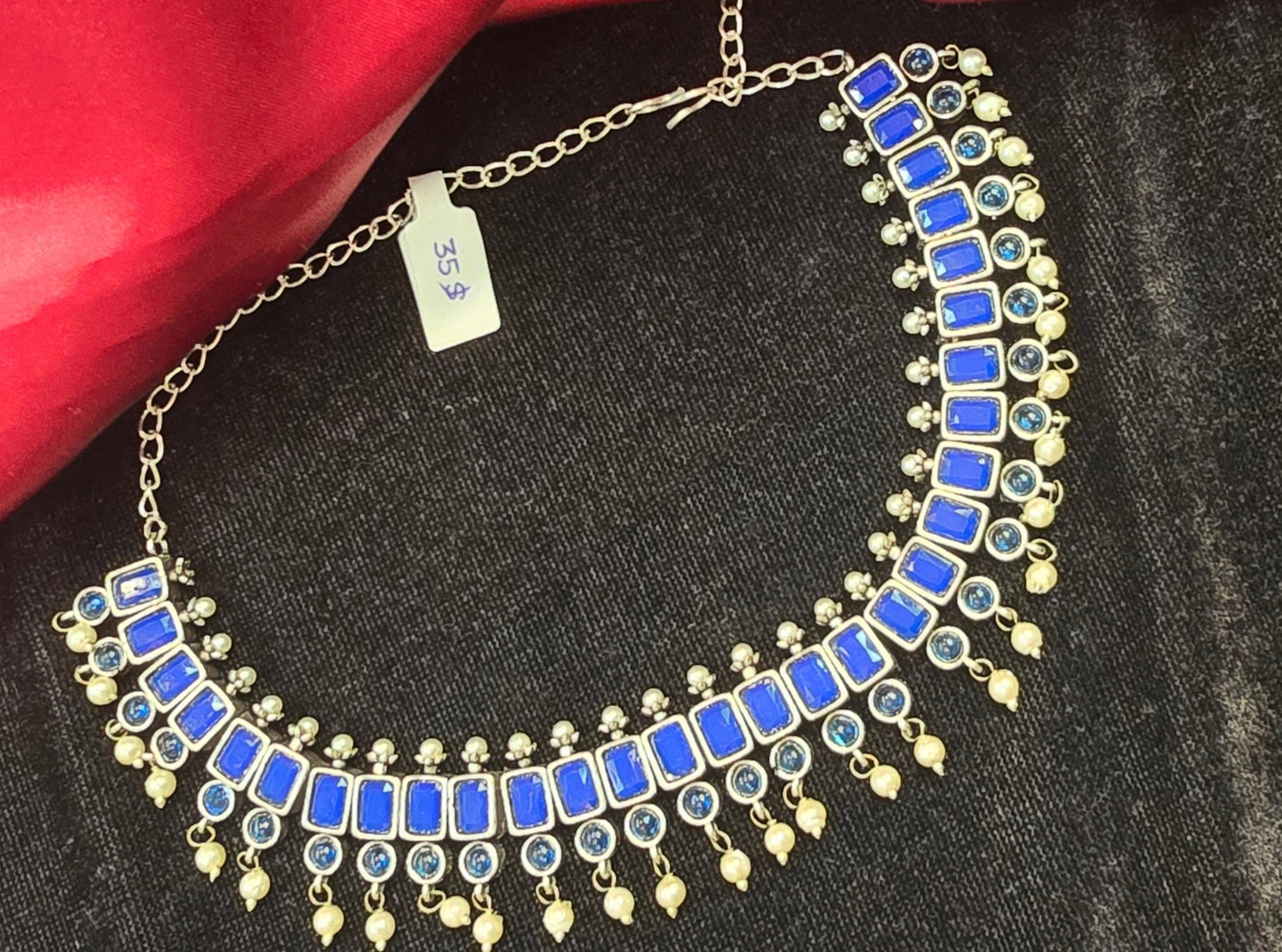 Pretty Blue Color Stone Studded Oxidized Necklace With Earrings Set