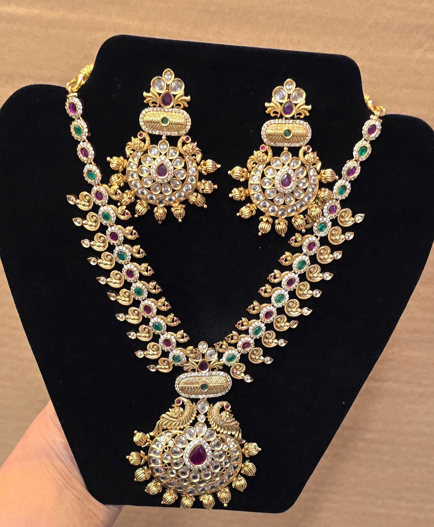 Dark Pink And Green Color Stones Gold Plated Designer Set With Earrings