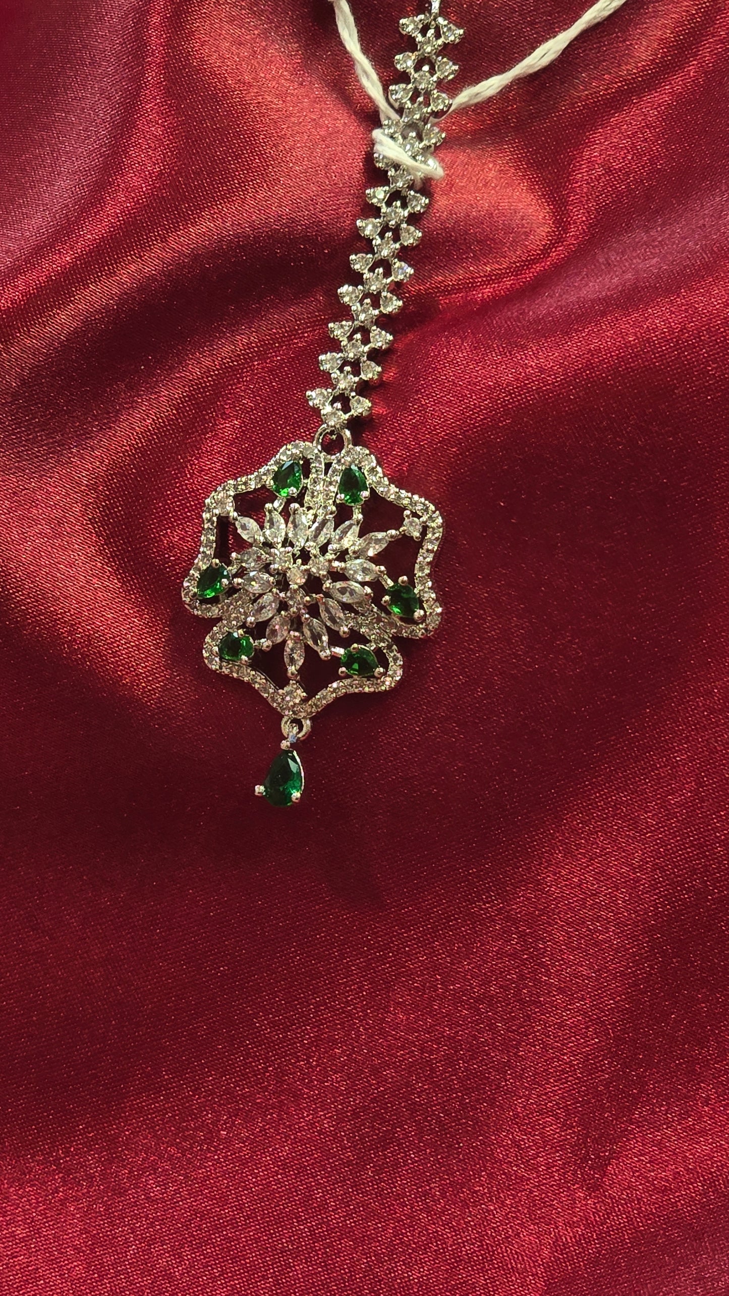 Attractive Silver And Green Starry Shaped American Diamond Tikka