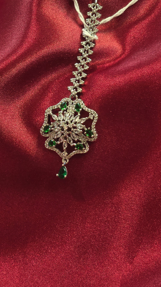 Attractive Silver And Green Starry Shaped American Diamond  Tikka