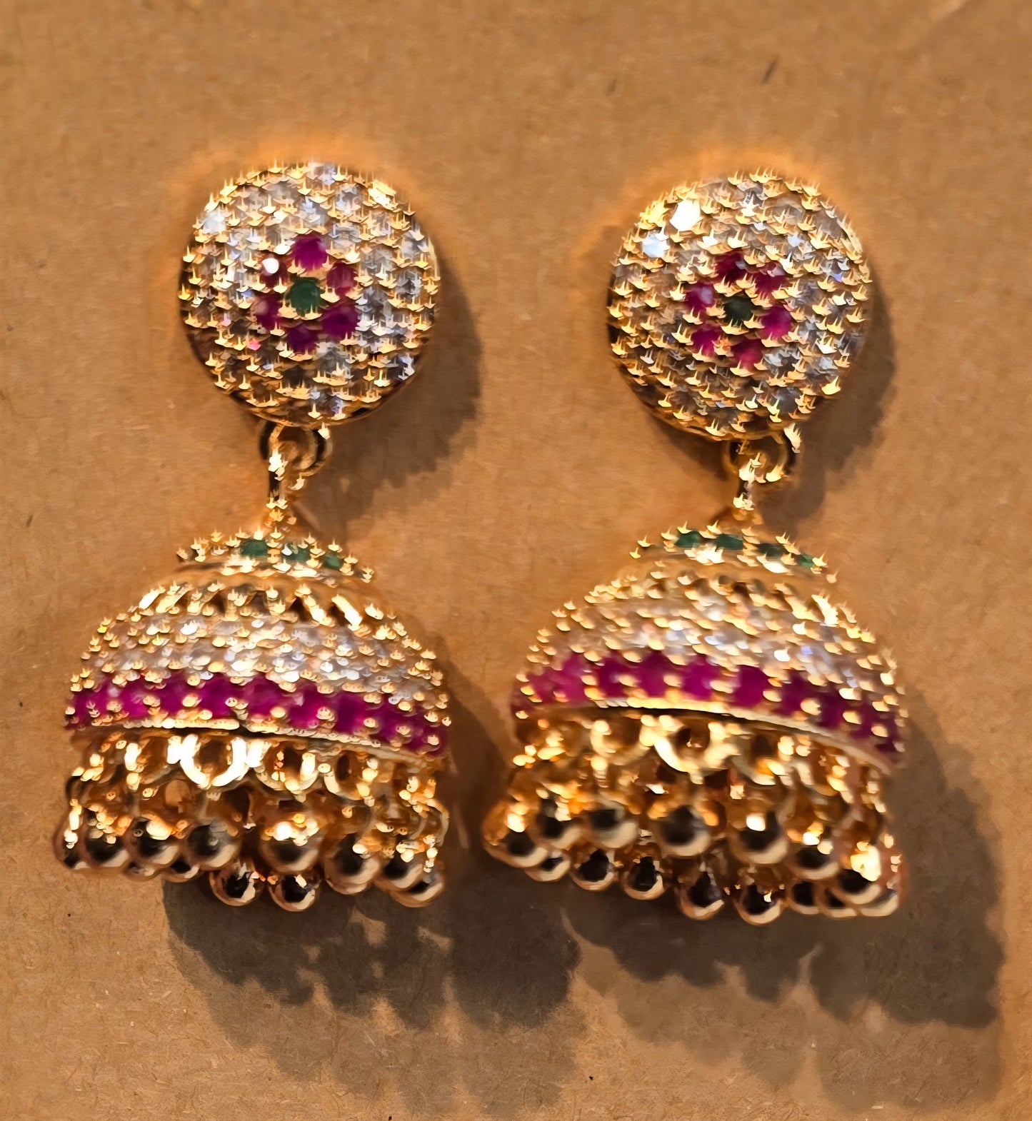 Pink And White Stones Round Shaped Gold Plated Earrings Near Me
