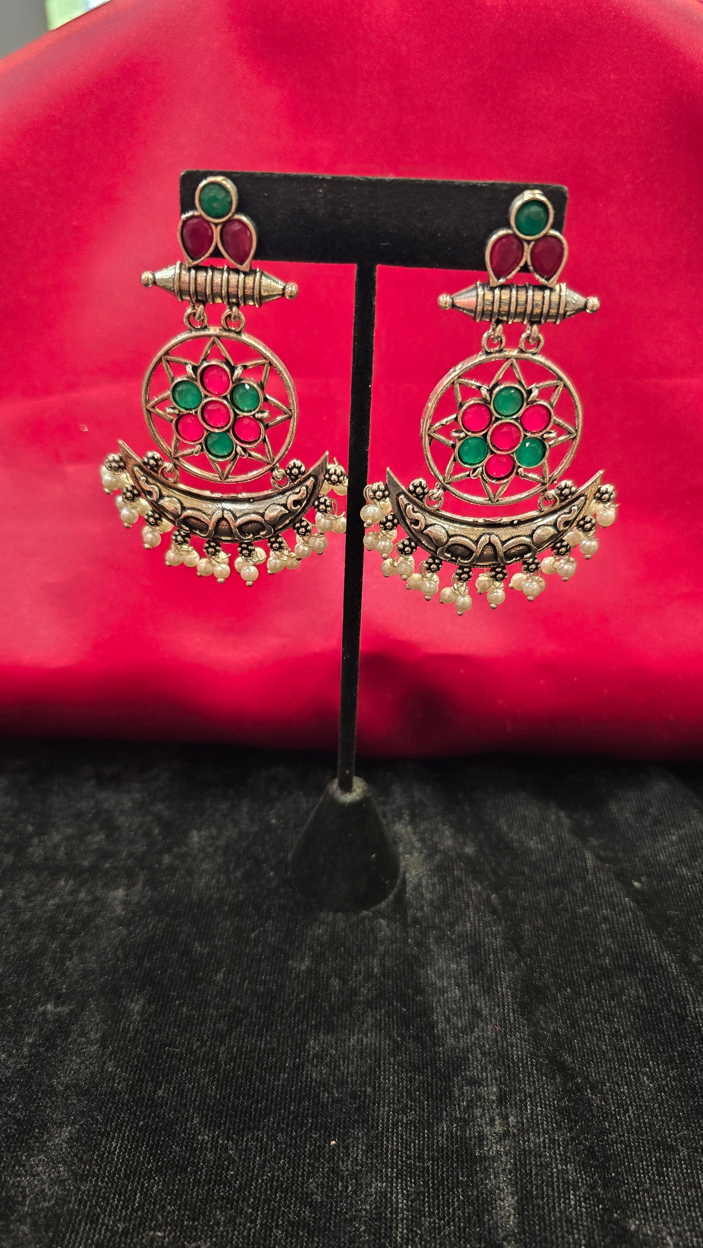 Crecent Shape With Green And Pink Long Earrings Near Me